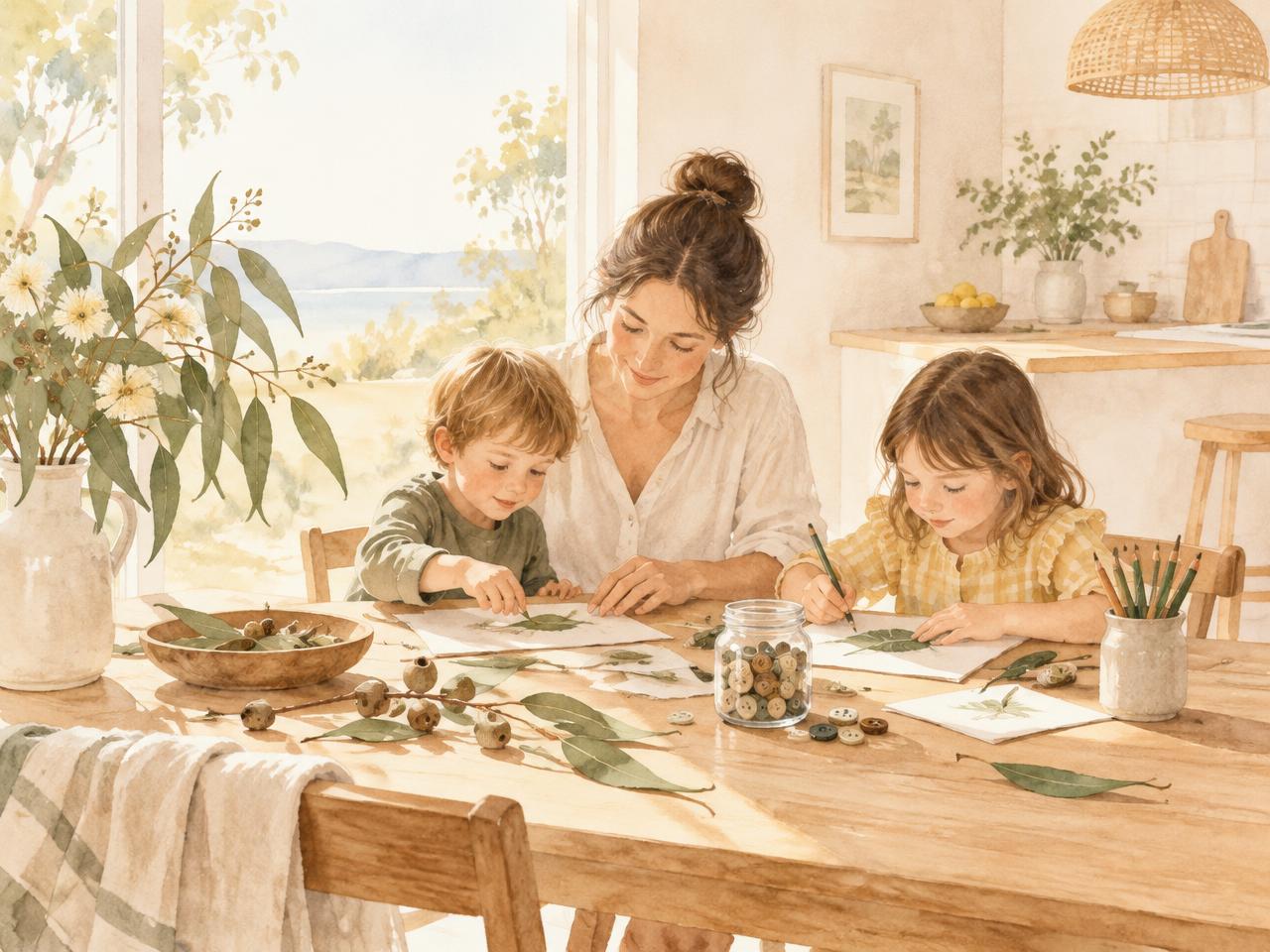 A parent and children learning together at the kitchen table